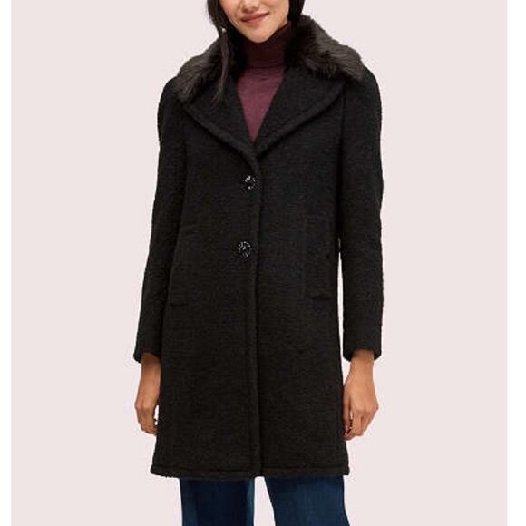 New Kate Spade Wool Blend Faux Fur Trim Coat Black 0, XS $798 - Picture 1 of 9